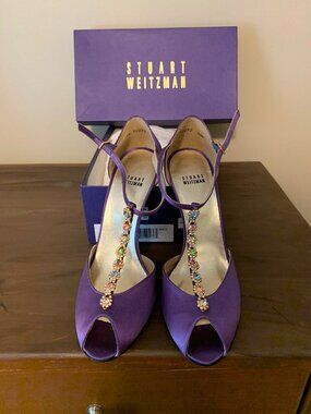 Stuart Weitzman Plum Purple Satin Peep-toe Heels Rainbow Crystal